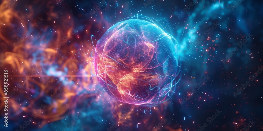 Neon Energy Sphere Surrounded by Dynamic Particles Neon Energy Sphere Surrounded by Dynamic Particles