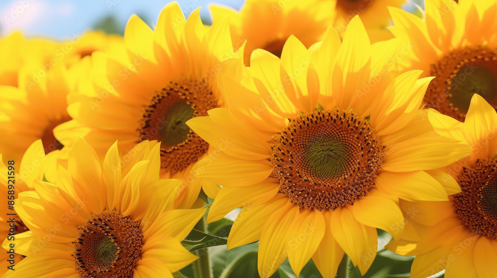 Summer sunflower flower background banner - Closeup of blooming sunflowers on field, Generative AI Summer sunflower flower background banner - Closeup of blooming sunflowers on field, Generative AI