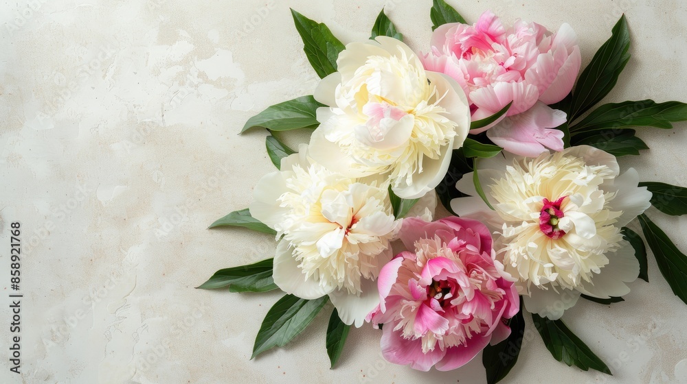 Pink and white peony flowers on a light background with text space for postcard greeting and gift Top view Pink and white peony flowers on a light background with text space for postcard greeting and gift Top view