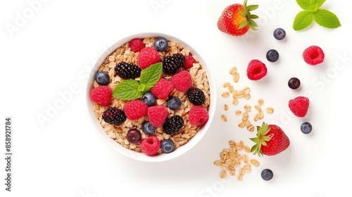 Food photography breakfast square - muesli bowl with berry fruits raspberry, blueberry, blackberry and cereal, top view, isolated on white background,, Generative AI