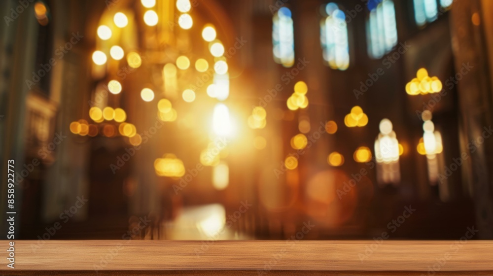 Empty table in church interior background. Wooden table top with blurred church interior in background. Ideal for product placement, religious events, or spiritual themes. Empty table in church interior background. Wooden table top with blurred church interior in background. Ideal for product placement, religious events, or spiritual themes.