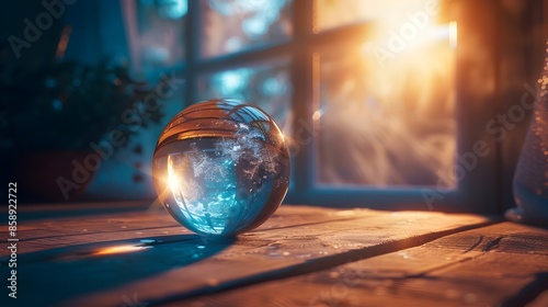 Mystical Crystal Ball on Wooden Table under Moonlit Window with Ethereal Glow