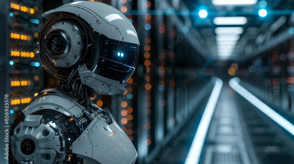 A futuristic robot meticulously managing servers in a high-tech data center, glowing LED lights reflecting off its sleek metallic surface, creating a cinematic atmosphere A futuristic robot meticulously managing servers in a high-tech data center, glowing LED lights reflecting off its sleek metallic surface, creating a cinematic atmosphere