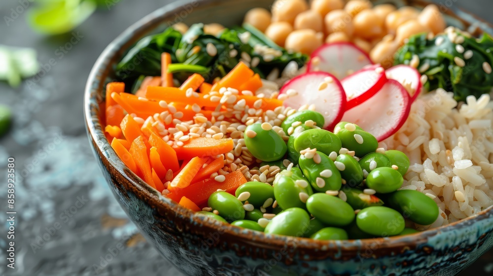 A colorful veggie bowl with a base of fluffy brown rice, topped with a variety of vibrant ingredients like carrots, spinach, radishes, chickpeas, and edamame, bursting with freshness A colorful veggie bowl with a base of fluffy brown rice, topped with a variety of vibrant ingredients like carrots, spinach, radishes, chickpeas, and edamame, bursting with freshness