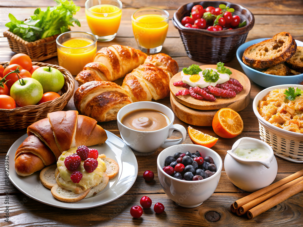 breakfast with coffee and croissants breakfast with coffee and croissants