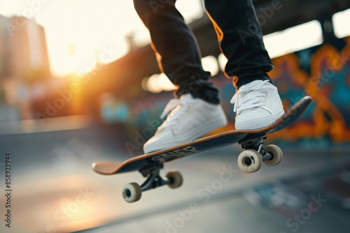 Skateboarder performing a kickflip midair, dynamic motion, urban skate park backdrop, vibrant graffiti, photorealistic detail