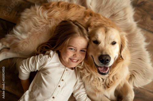 Wallpaper Mural Smiling little girl playing with golden retriever dog on floor, warm lighting, high resolution photography. Happy, Dog Day, Holiday, Animals, Pet Day,4k Wallpaper Torontodigital.ca