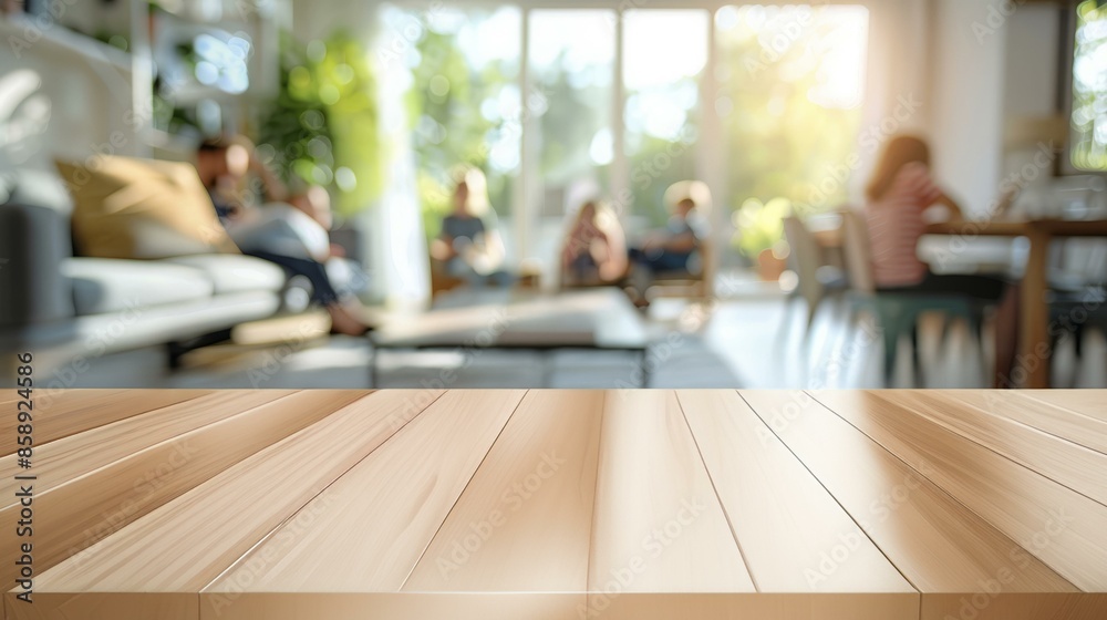 Fototapeta premium Empty wooden table in bright living room. Blurred background of family in living room, perfect for product placement or design.