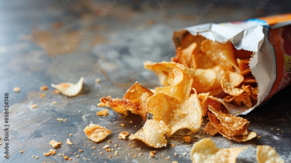 A packet of crunchy potato chips, partially opened, with crumbs scattered A packet of crunchy potato chips, partially opened, with crumbs scattered
