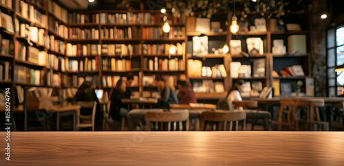 Empty table in bookstore cafe. Wooden table top with blurred background of bookshelves and people in a cozy bookstore cafe.