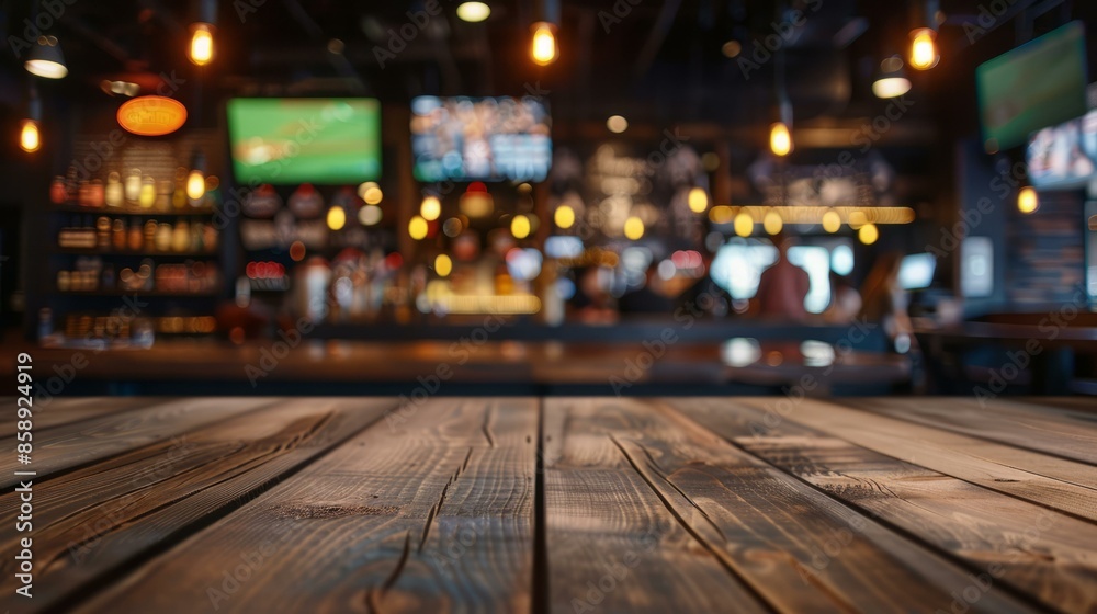 ** empty wooden table in bar. ** Rustic wooden table with blurred background of bar, perfect for product placement or creating atmosphere. ** empty wooden table in bar. ** Rustic wooden table with blurred background of bar, perfect for product placement or creating atmosphere.