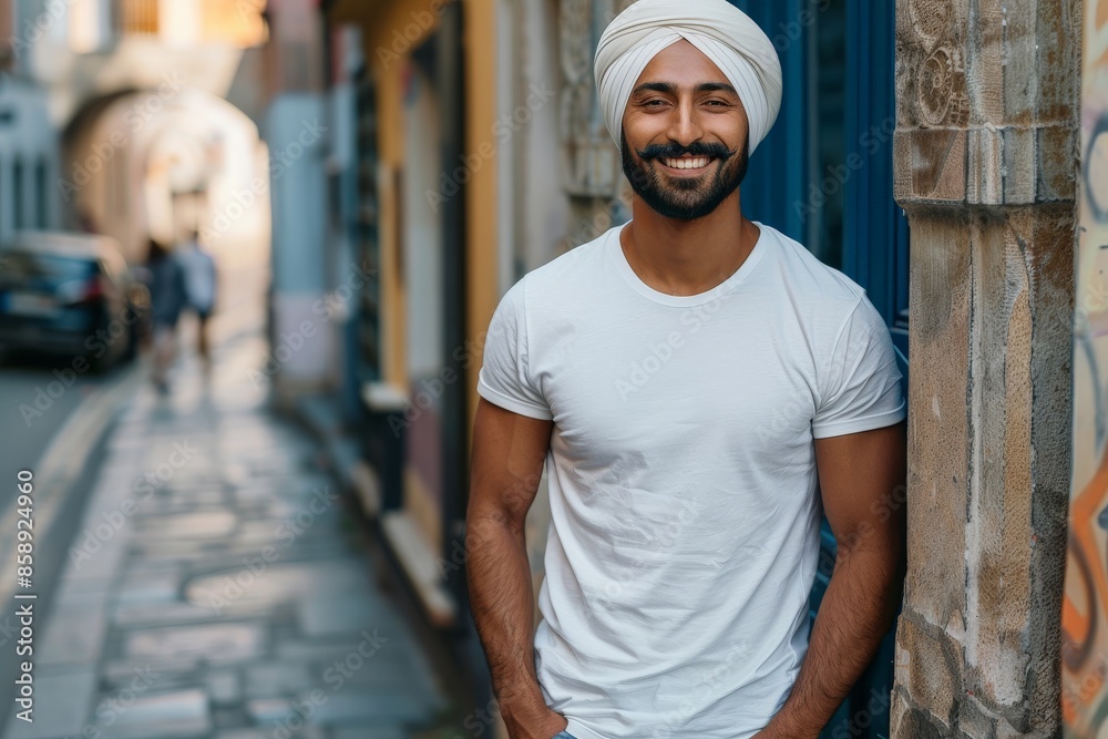 Smiling Young Sikh Man in White T-shirt, Urban Street Background, Mockup, Copy Space Smiling Young Sikh Man in White T-shirt, Urban Street Background, Mockup, Copy Space