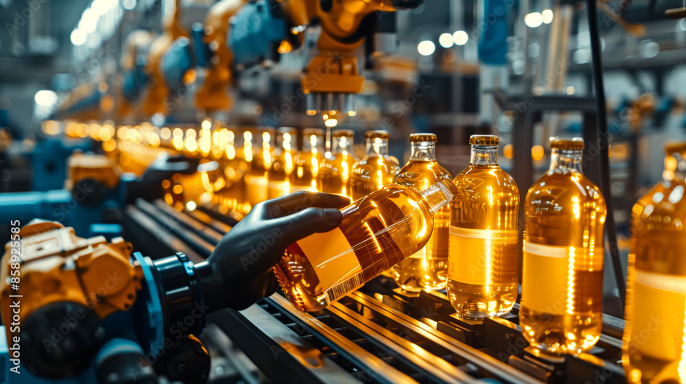 Robotic hands applying labels on bottles in a beverage manufacturing plant Robotic hands applying labels on bottles in a beverage manufacturing plant