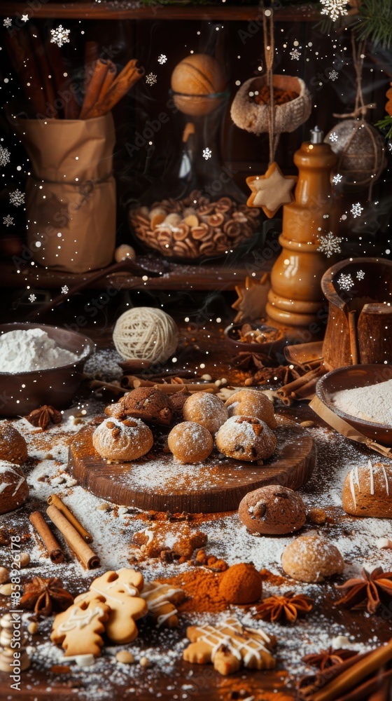 A close-up image showcasing a variety of Christmas cookies and spices arranged on a wooden tabletop. The cookies are dusted with powdered sugar and surrounded by cinnamon sticks, star anise, and a bow A close-up image showcasing a variety of Christmas cookies and spices arranged on a wooden tabletop. The cookies are dusted with powdered sugar and surrounded by cinnamon sticks, star anise, and a bow