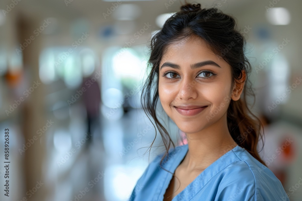Confident Young Indian Female Nurse in Blue Coat in a Hospital, copy space Confident Young Indian Female Nurse in Blue Coat in a Hospital, copy space
