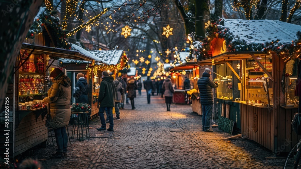 Naklejka premium The festive atmosphere of a European Christmas market. Shoppers browse the stalls, lit by twinkling lights and adorned with snow. The cobblestone path leads through the market, inviting visitors to ex