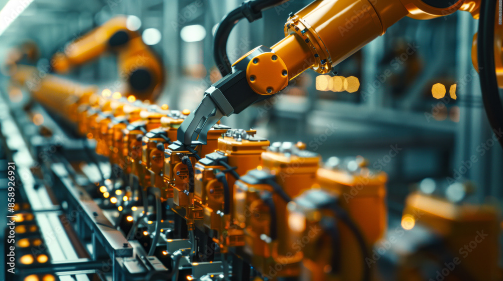 Robotic machinery assembling batteries in a battery manufacturing plant Robotic machinery assembling batteries in a battery manufacturing plant