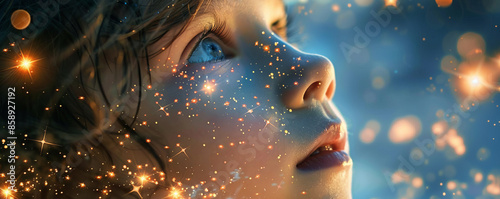 A child's face full of wonder as they gaze up at the stars. photo