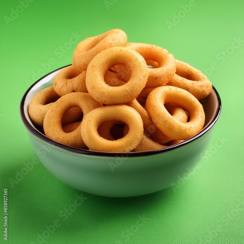 Round crunchy corn rings on green background 