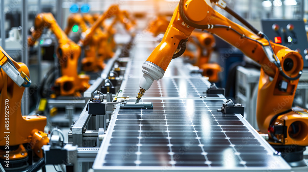 Robotic machinery assembling solar panels in a solar panel manufacturing plant Robotic machinery assembling solar panels in a solar panel manufacturing plant