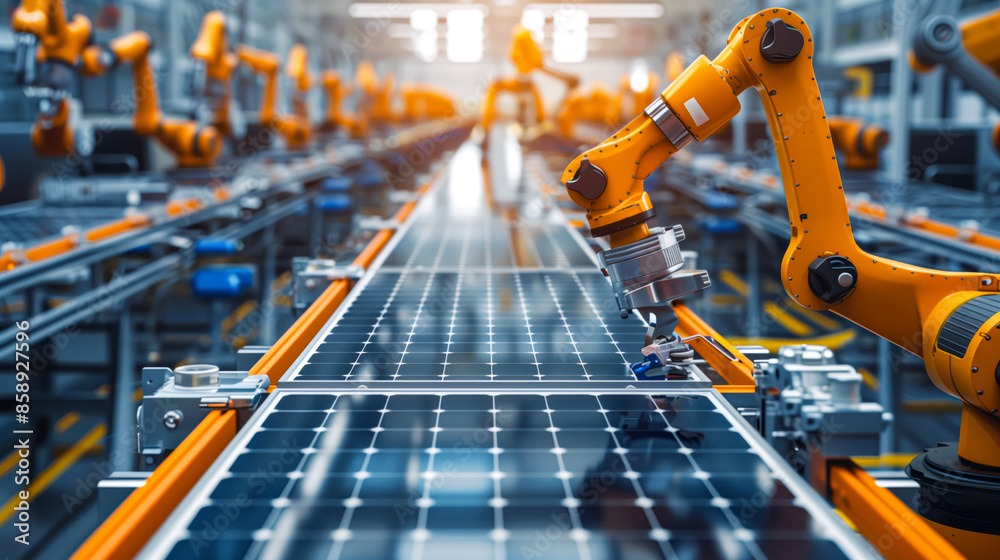 Naklejka premium Robotic machinery assembling solar panels in a solar panel manufacturing plant
