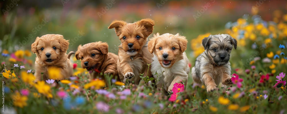 A playful group of puppies frolicking in a field of wildflowers. A playful group of puppies frolicking in a field of wildflowers.