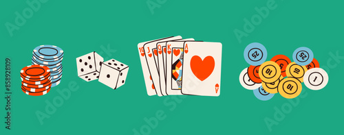 Poker night set. Playing cards, casino chips, token, dice, card suits. Hand drawn Vector illustration. Tournament, game, casino, poker, gambling, game, fun concept. Isolated design elements