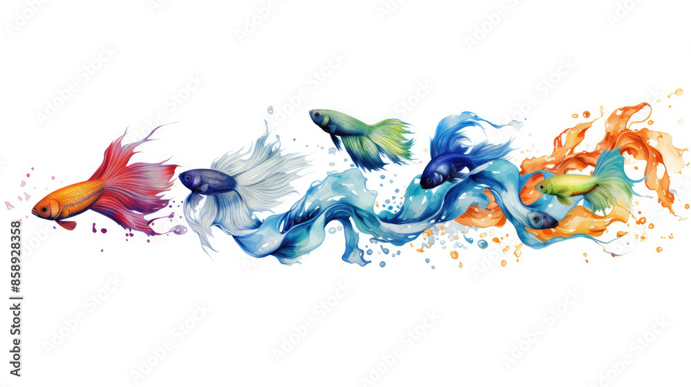 Fototapeta premium Animals popular fishes pets aquarium freshwater fish banner panorama long - Collection of betta, guppy, neon tetra, isolated on white background, Generative AI