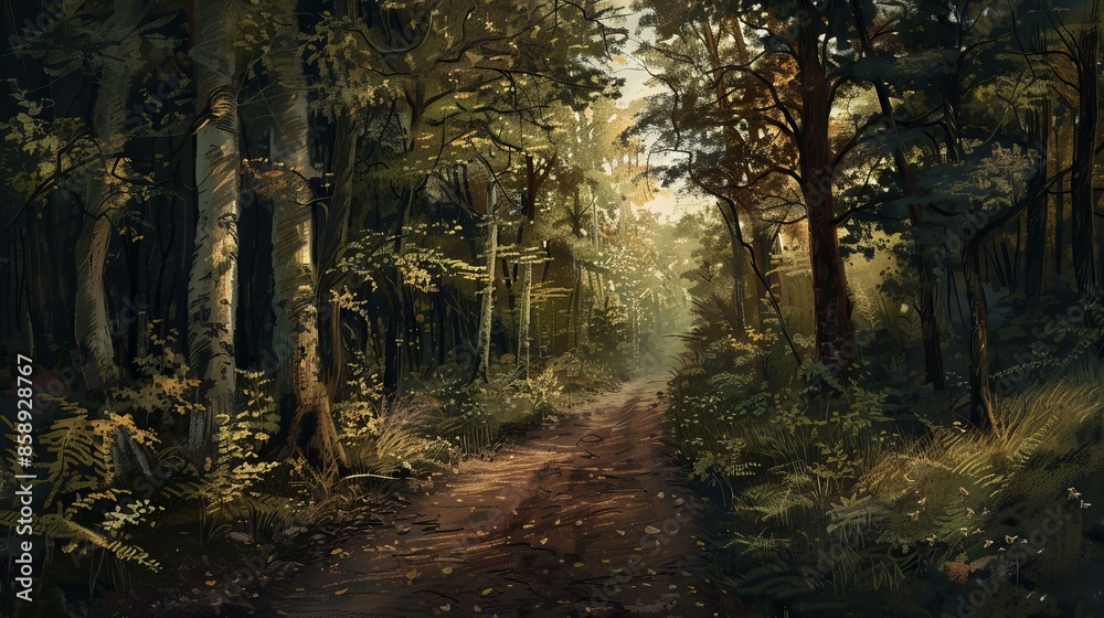 Obraz premium Forest path at sunset. Dirt path winding through a lush forest, sunlight filtering through the trees at sunset.