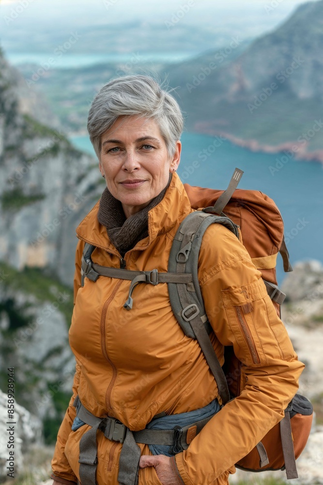 Elderly woman hiking on a mountain trail. Middle-aged woman hiking Elderly woman hiking on a mountain trail. Middle-aged woman hiking