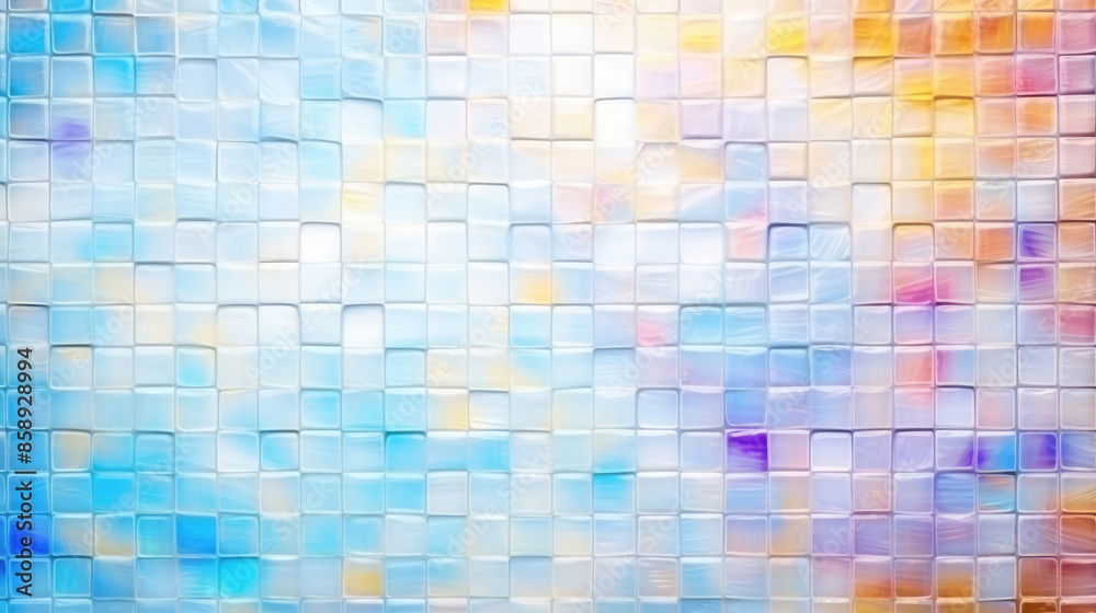 White and colorful abstract grunge glass square mosaic tile mirror wall texture background banner panorama, seamless pattern, Generative AI