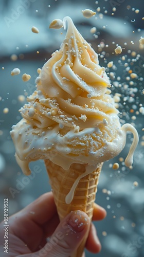 A person holding an ice cream cone with snow falling on it.