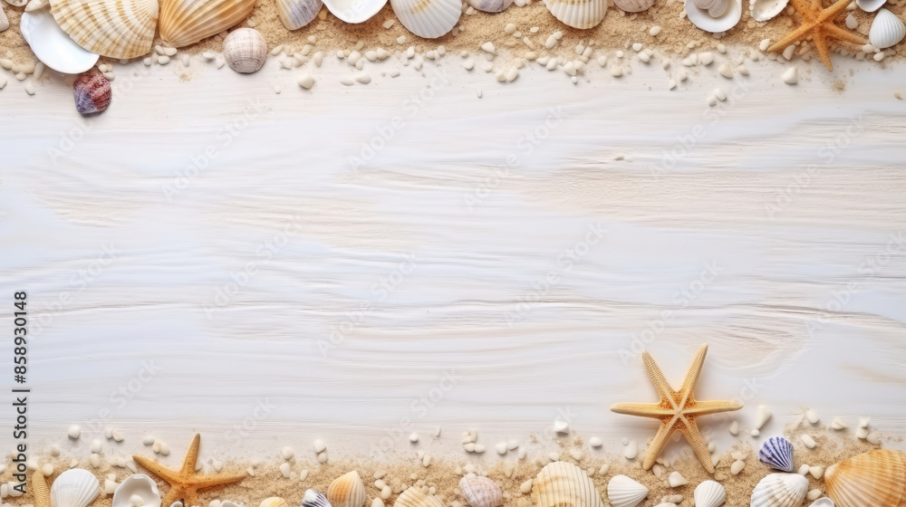 Obraz premium Summer vacation background greeting card - Frame made of various seashells, starfish and sand on white wooden table, top view, Generative AI