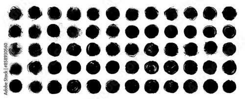 Grungy vector black ink circles. Brush hand drawn textured punk style round shapes. Artistic Chinese or Korean design elements. Japanese enso zen circles. Each element is united. Sun symbols