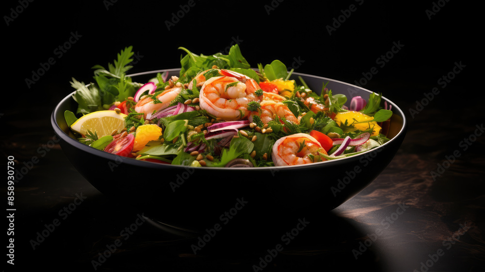 Food photography background - Fresh salad with shrimp in a bowl on dark black table, Generative AI Food photography background - Fresh salad with shrimp in a bowl on dark black table, Generative AI
