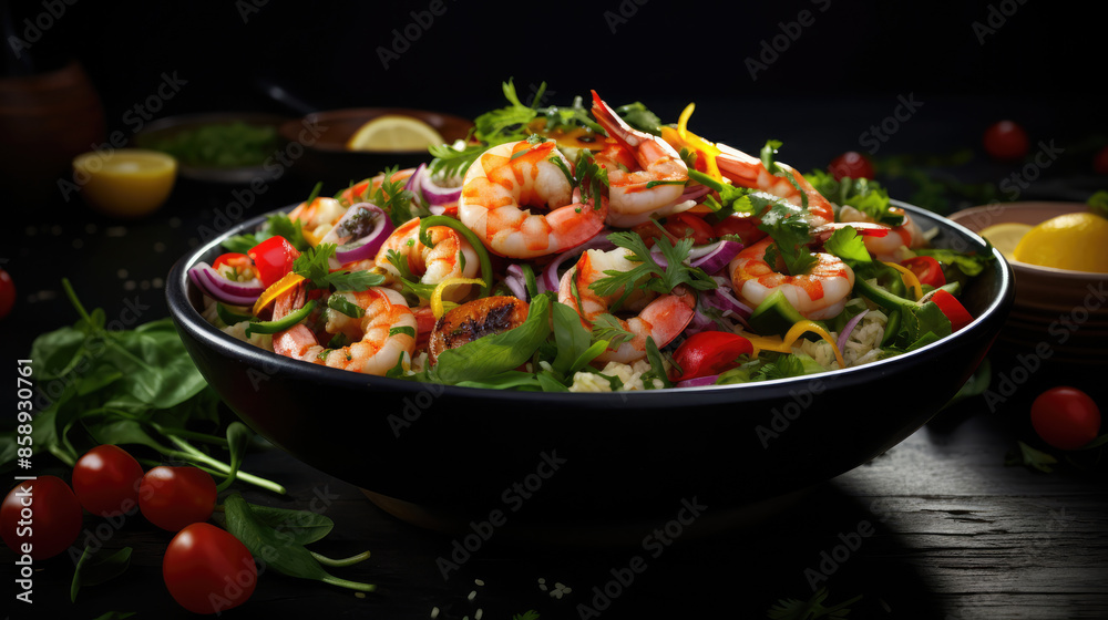 Food photography background, square - Fresh salad with shrimp in a bowl on dark black table, Generative AI