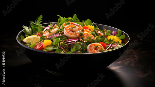 Food photography background - Fresh salad with shrimp in a bowl on dark black table, Generative AI