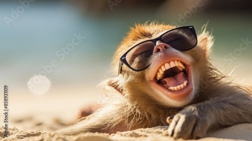 Funny animal summer holiday vacation photography banner background - Closeup of smiling laughing monkey with sunglasses, chilling relaxing at the tropical ocean beach, Generative AI