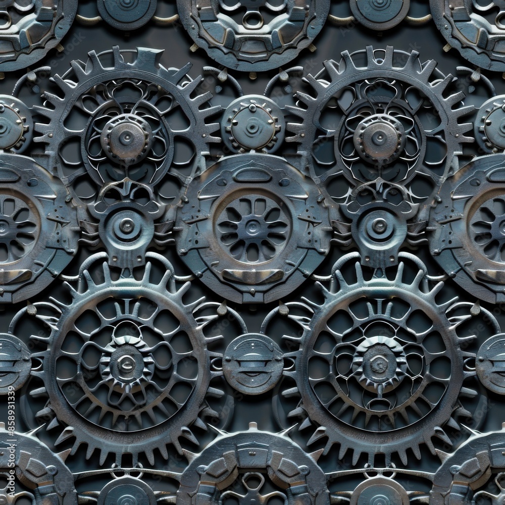 A close-up, seamless pattern of metallic gears interlocked and turning ...