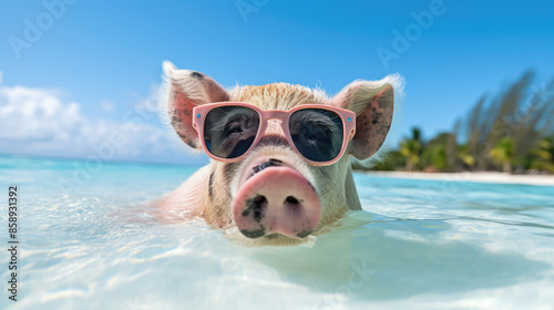 Funny animal pet summer holiday vacation photography banner background - Closeup of pig with sunglasses, chilling relaxing at the tropical ocean beach, Generative AI © Fang