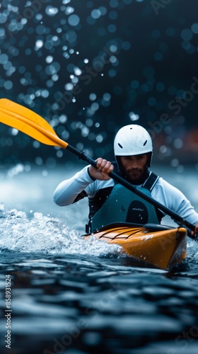 Canoeist crossing finish line in a sprint race, water droplets in motion, cheering crowd in background, dynamic energy, photorealistic style photo