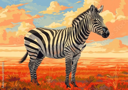 Polygonal illustration of a zebra standing in a grassy field against a vibrant sunset sky © Iurii