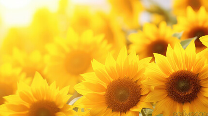 Summer sunflower flower background banner - Closeup of blooming sunflowers on field, Generative AI