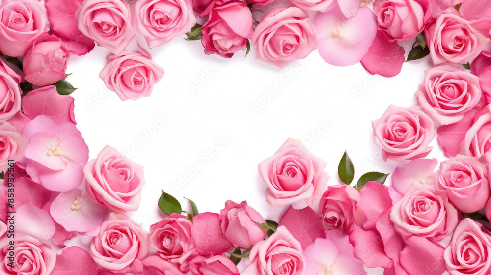 Blooming flowers spring banner - Colorful pink roses, isolated on a white background, top view, Generative AI