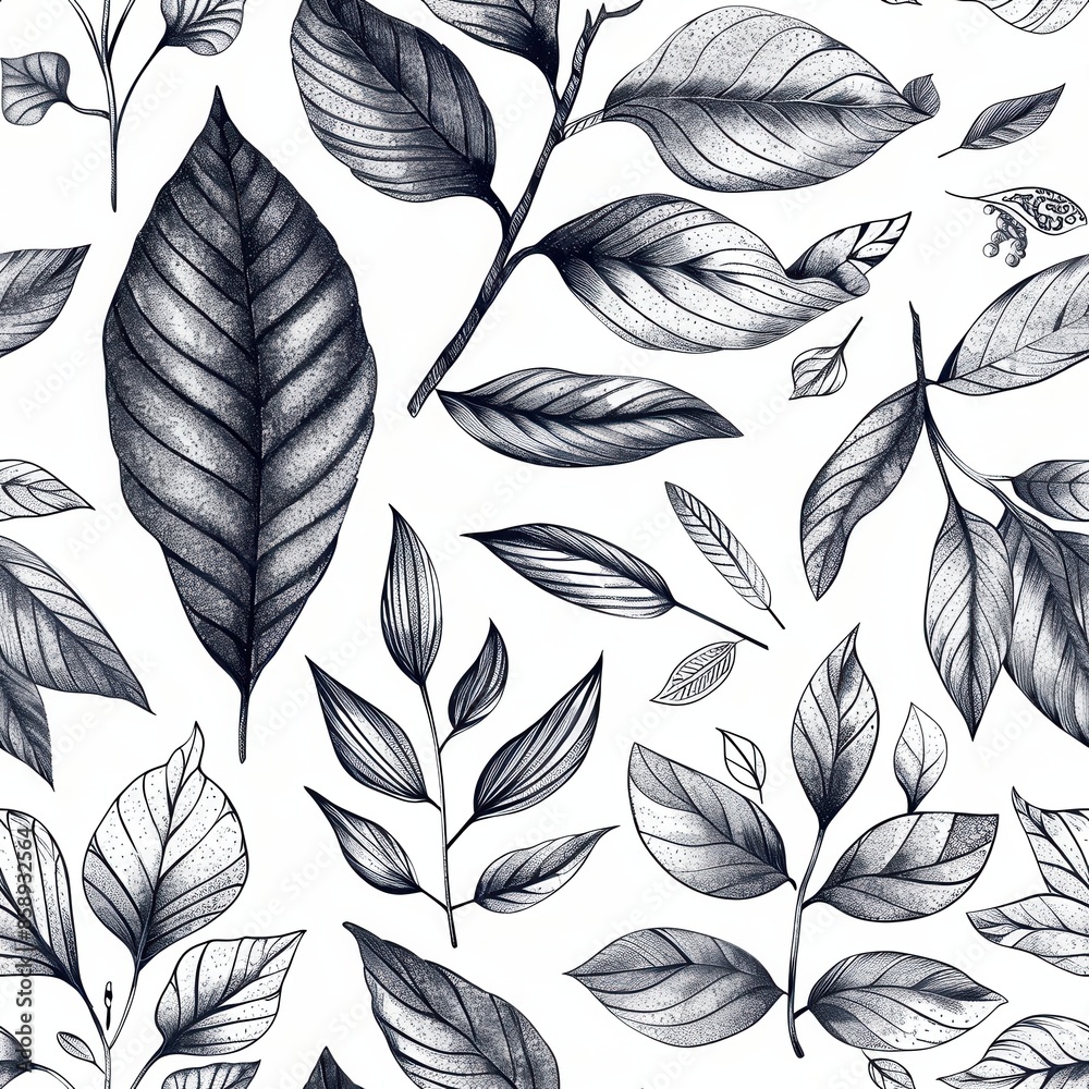 This image features a seamless pattern of hand-drawn leaves in black and white. The leaves are depicted in a realistic style, with intricate details and textures. The pattern is perfect for use in a v This image features a seamless pattern of hand-drawn leaves in black and white. The leaves are depicted in a realistic style, with intricate details and textures. The pattern is perfect for use in a v