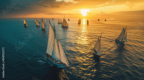 Regatta sailing ship yachts with white sails at opened sea, Aerial view of sailboat during sunset	