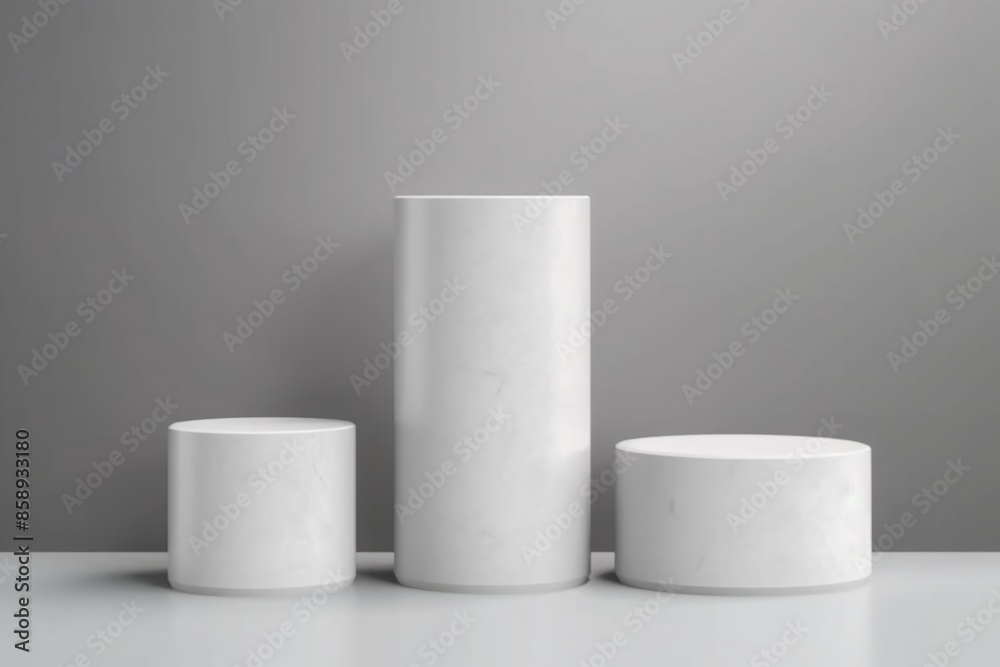 Front view of three white cylinder podiums displayed on gray background. Space to placed your product, mockup or packaging cosmetic. Minimal concept. Front view of three white cylinder podiums displayed on gray background. Space to placed your product, mockup or packaging cosmetic. Minimal concept.