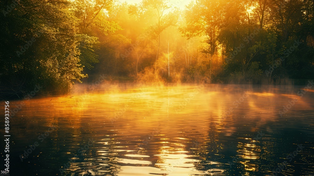A tranquil summer pond at dawn, with mists hovering over the water and the early morning sun casting golden hues across the scene. A tranquil summer pond at dawn, with mists hovering over the water and the early morning sun casting golden hues across the scene.