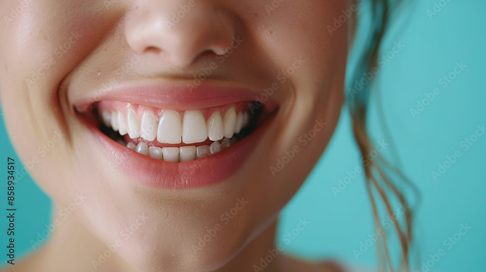 Fototapeta premium Young woman with wide and beautiful smile, great healthy fresh white teeth. Isolated on cyan background. Copy space