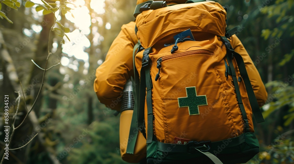Scenic Hiking in Verdant Forest with Orange Backpack Scenic Hiking in Verdant Forest with Orange Backpack